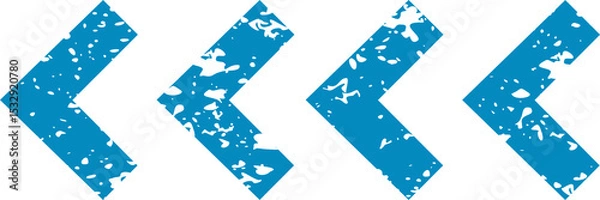 Fototapeta Four blue chevrons are pointing left in flat design with distressed look on transparent background