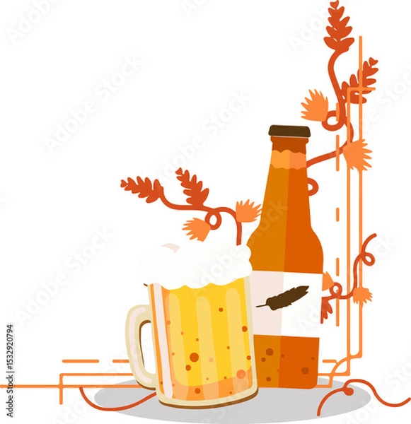 Fototapeta Vector illustration showing frothy beer mug and bottle with hop vines on transparent background