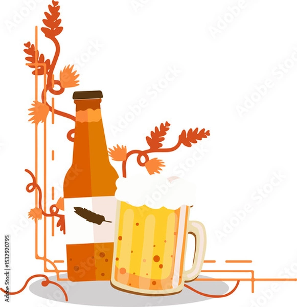 Fototapeta Golden beer bottle and frothy mug are floating with hop vines in vector on transparent background