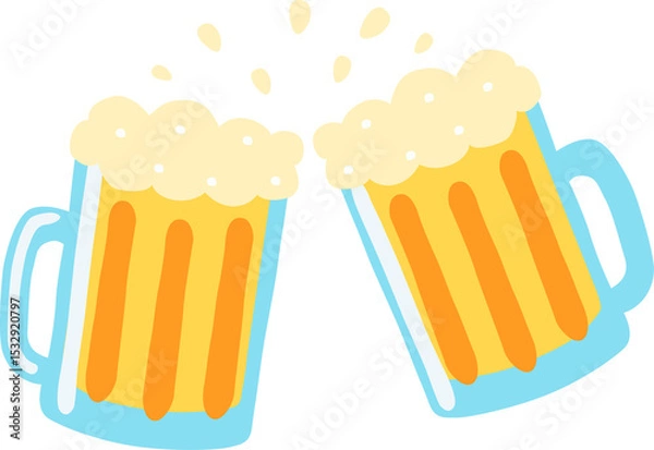 Fototapeta Pair of beer mugs are clinking in flat design on transparent background, showing foam and droplets