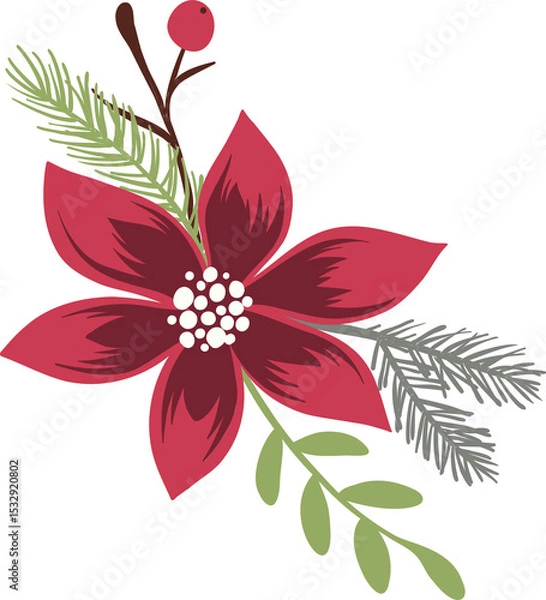 Fototapeta Displaying flat-design red bloom, white stamen, pine sprig and berry twig on transparent background