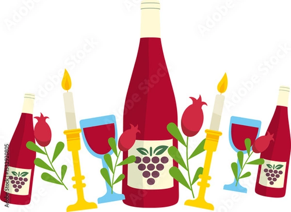 Fototapeta Flat design is showing red wine bottles, glasses, candles and pomegranate on transparent backdrop