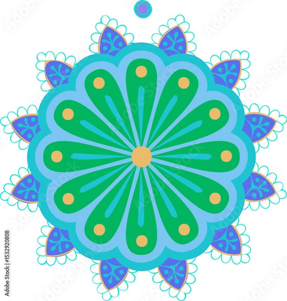 Obraz Displaying mandala with scalloped rings and teardrop petals and gold dots on transparent background