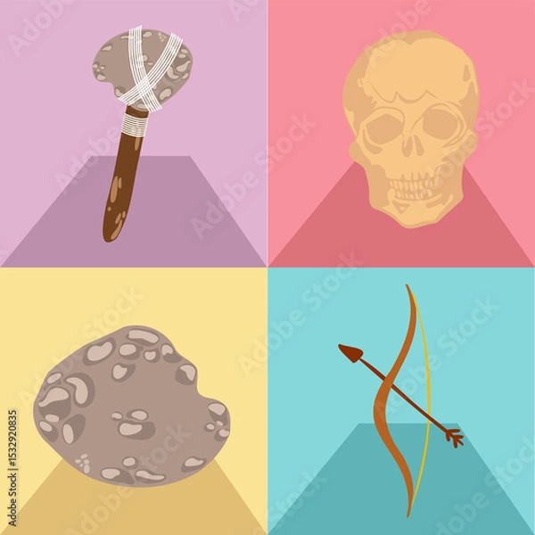 Fototapeta Prehistoric tools and relics are being shown in pastel panels with triangle pedestals on clear base