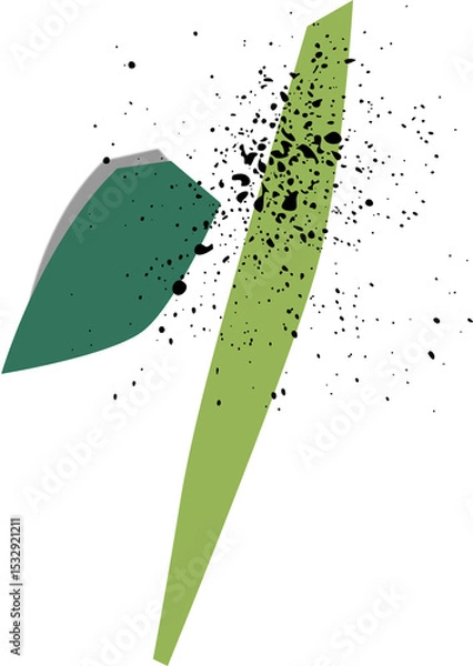 Obraz Two lime and forest green polygonal blades floating on transparent base showing black splatters