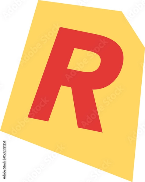 Obraz Stylized red letter R is floating on tilted yellow polygon in flat design, transparent background