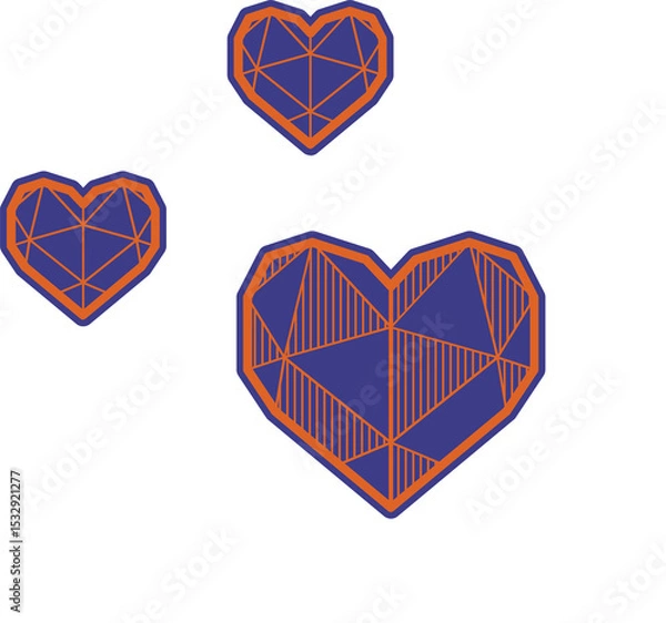 Fototapeta Three geometric hearts are floating on clear canvas in flat design with orange outline, blue facets