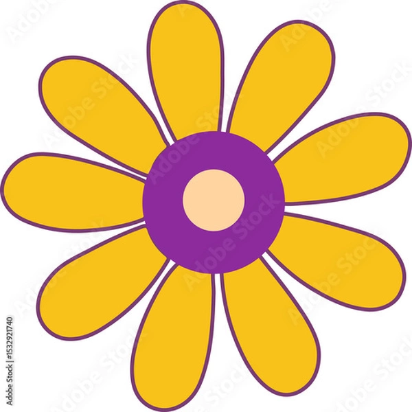 Fototapeta Flat stylized flower is floating on transparent canvas, ten yellow petals purple disc peach circle