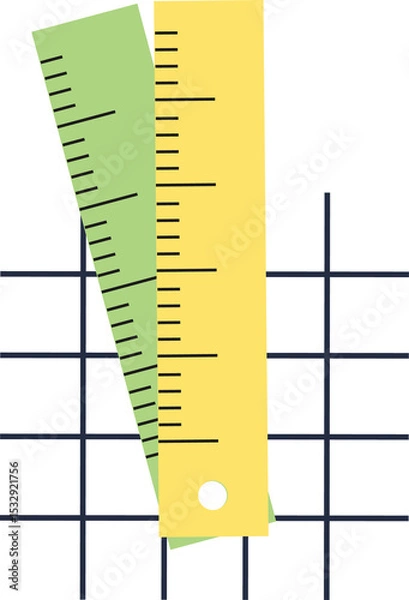 Obraz Flat design overlapping yellow and green rulers featuring hole and graduations on transparent grid