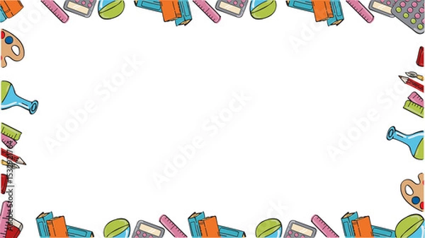 Fototapeta Cartoon vector border is framing colorful school art supplies on transparent background, copy space