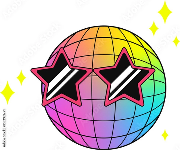 Fototapeta Flat design rainbow disco ball shining with striped stars and sparkles on transparent background