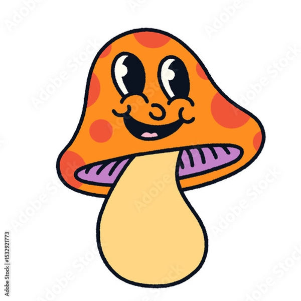 Obraz Cartoon mushroom is smiling on transparent background, orange spotted cap and purple gills