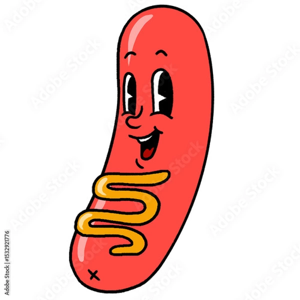 Obraz Cartoon sausage character is shining in vector style, showing mustard swirl, transparent background