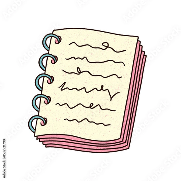 Fototapeta Flat spiral rings are showing cream page with black scribbles, pink layers, transparent background