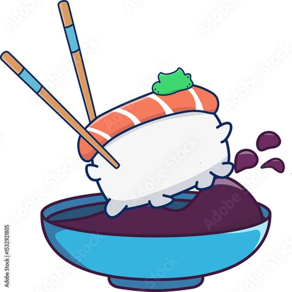 Obraz Cartoon nigiri is showing wasabi, droplets with chopsticks above sauce bowl, transparent background