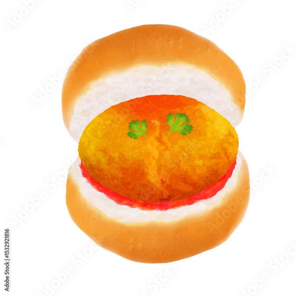 Obraz Burger is featuring buns, patty, cilantro leaves, red sauce, vector, transparent bg, copy space