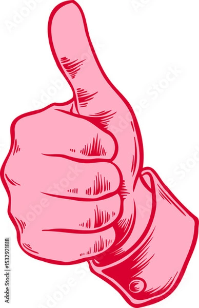 Obraz Stylized right hand is giving thumbs-up in flat design, pink and red outline transparent background