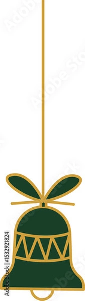 Obraz Stylized bell ornament is hanging from gold ribbon bow in flat design, transparent background