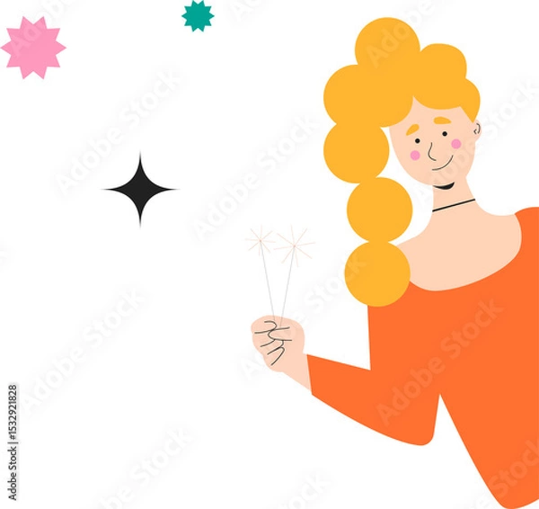 Fototapeta Woman is holding sparklers in flat design art with abstract stars on transparent background