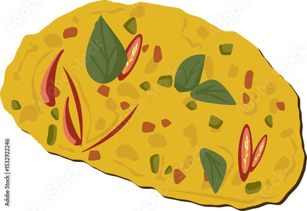 Obraz Flat design showing diced veg omelette slice on transparent background, basil and chili slices