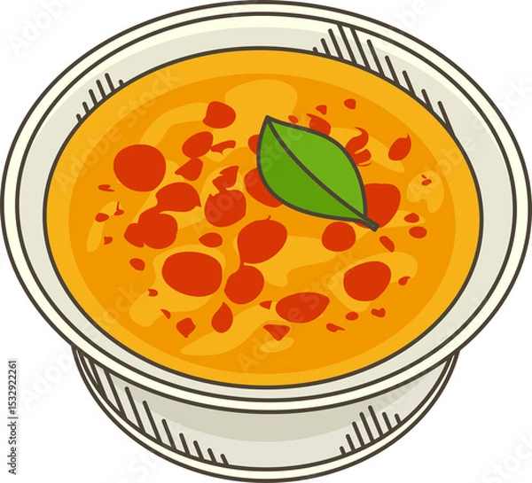 Obraz Orange soup bowl is being shown in vector illustration with pepper spots, transparent background