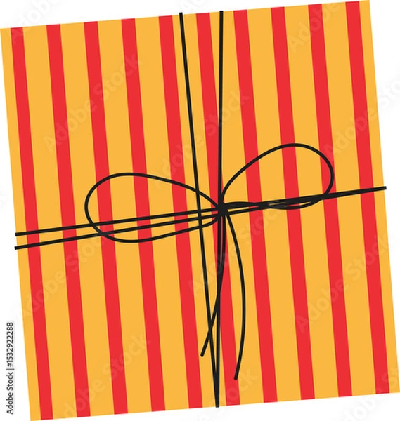 Fototapeta Gift box is floating with red stripes and black ribbon in flat design on transparent background