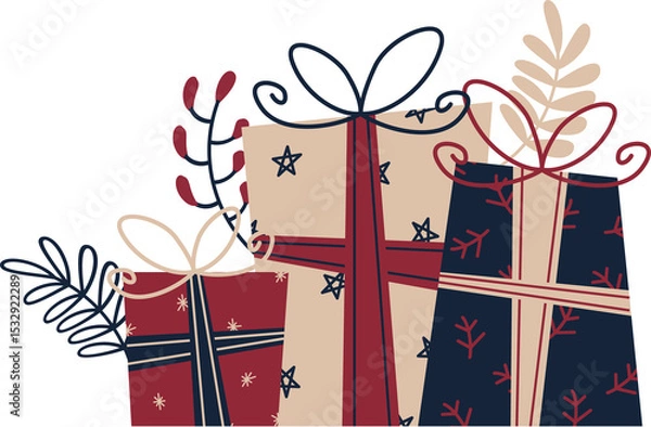 Fototapeta Three festive gift boxes are floating in flat design with bows, foliage on transparent background