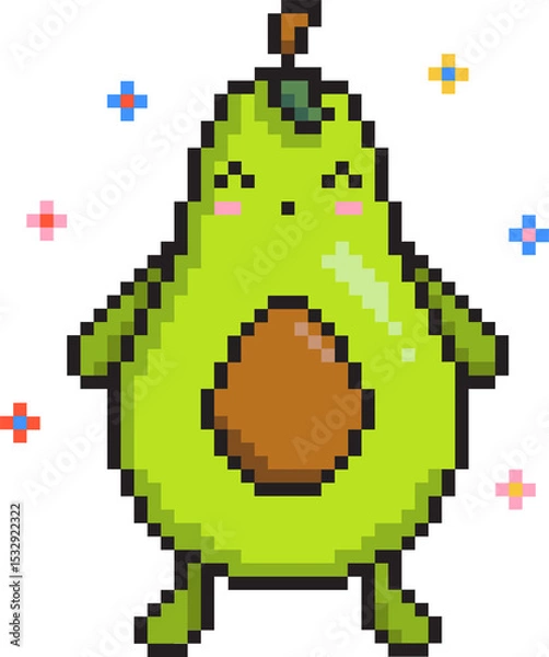 Obraz avocado pixel art is smiling on transparent background, with plus-shaped pastel sparkles