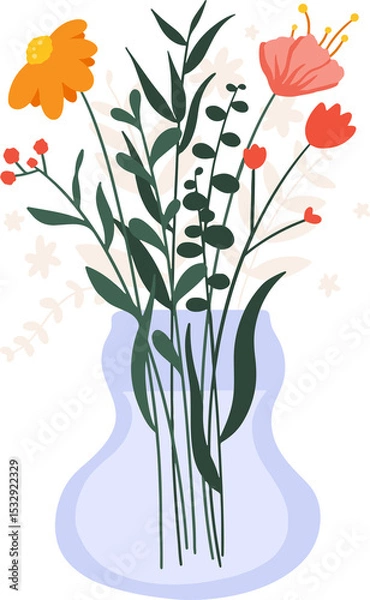 Fototapeta Wildflower bouquet is sitting in clear glass vase on transparent background, copy space