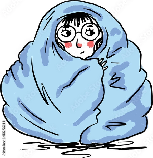 Fototapeta Cartoon illustration is showing person snuggling under light blue blanket on transparent background