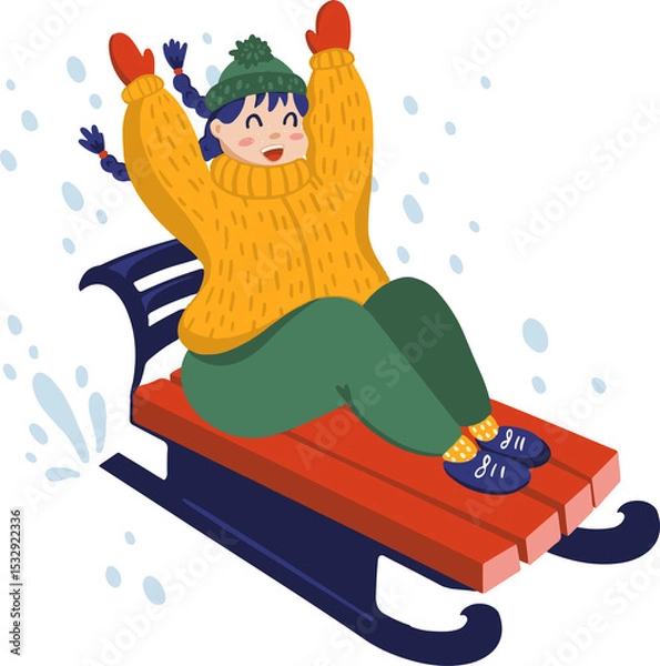 Obraz Cartoon child is sledding on red navy sled through falling snow, transparent background