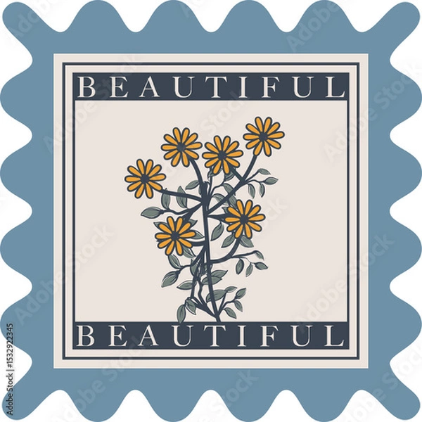 Fototapeta Flat vector scalloped label showing yellow daisy flowers and BEAUTIFUL text on transparent backdrop