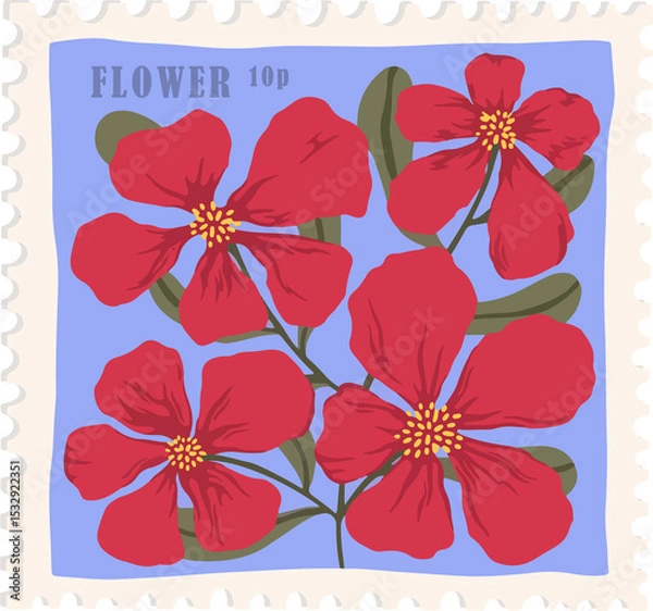 Obraz Vector perforated stamp is showing red flowers, FLOWER 10p serif label on transparent background