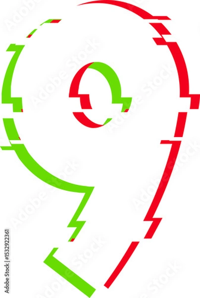 Fototapeta stylized numeral nine floating on transparent background, showing glitching red green outlines
