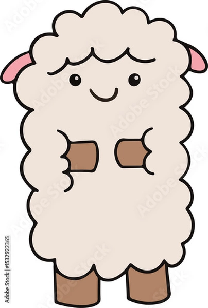 Fototapeta Cute cartoon sheep is standing with fluffy wool, pink ears, brown hooves, transparent background