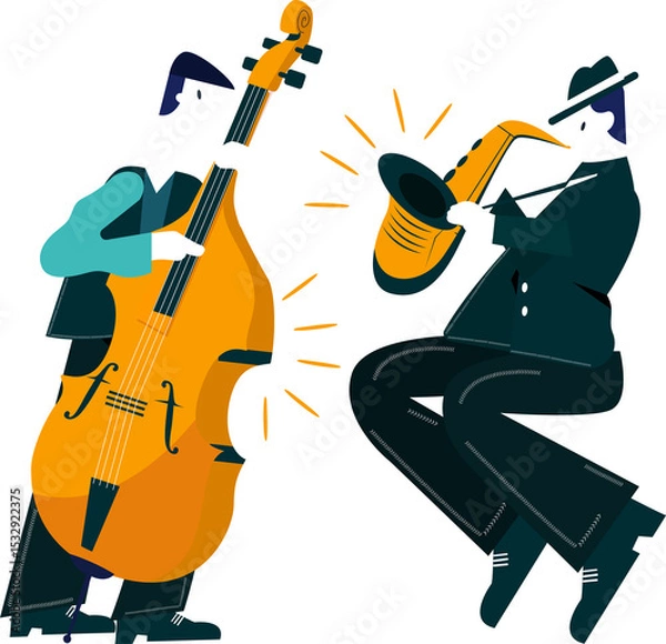 Fototapeta Flat design duo playing jazz on transparent background featuring double bass and tenor saxophone