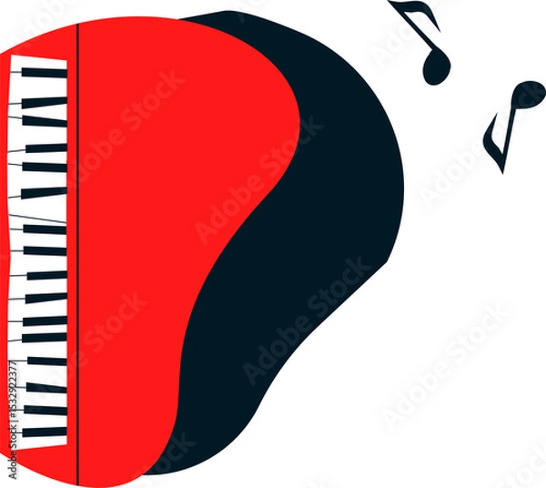 Fototapeta Stylized grand piano floating on transparent background with red top, black keys and musical notes
