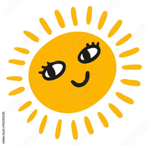 Obraz Cartoon sun is radiating friendly rays with smiling face in flat design, transparent background