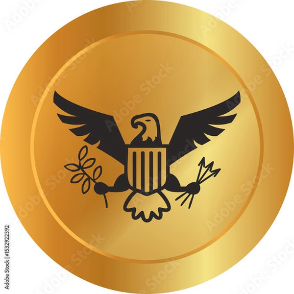 Fototapeta Flat gold coin is showing heraldic eagle with shield olive branch arrows on transparent background