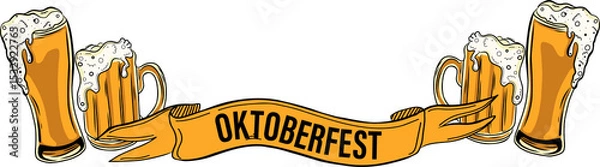 Fototapeta Oktoberfest flat showing four beer mugs with foam around ribbon banner with transparent background