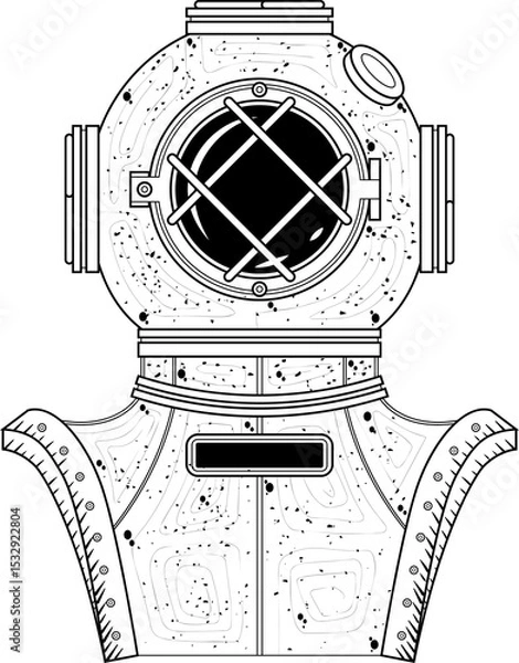 Fototapeta Monochrome sketch showing antique deep sea helmet chest plate, grid viewport transparent background