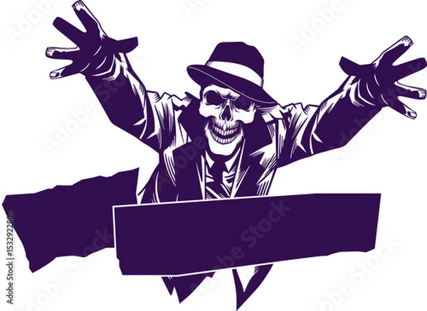 Fototapeta Flat design skeleton with purple fedora, suit is floating on clear bg above banners, copy space