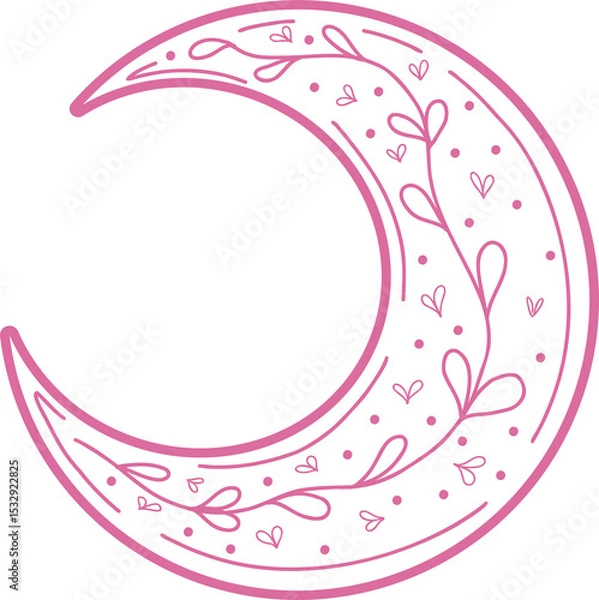 Obraz Pink crescent moon vector-style showing heart motifs, dots, vine doodles on transparent background