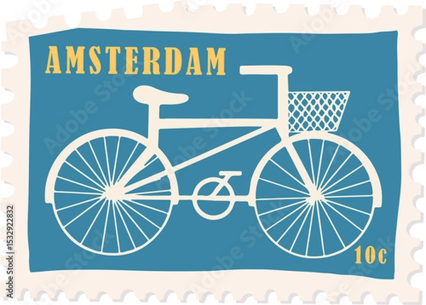 Fototapeta Flat teal stamp showing bike silhouette, bold yellow AMSTERDAM and 10c text, transparent background