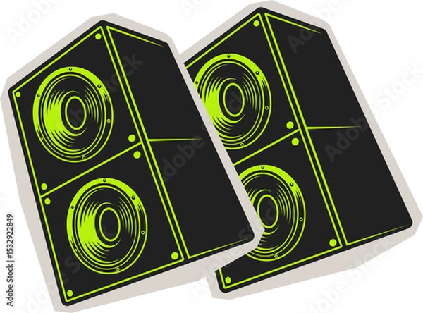 Fototapeta Pair of flat design speakers are tilting with neon green outline cones on transparent backdrop