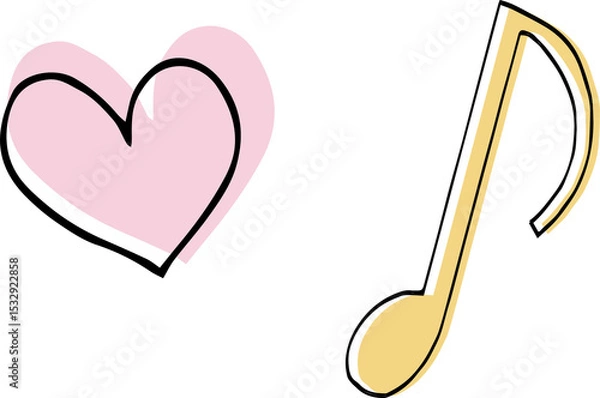 Obraz Heart and musical note icons are floating on transparent background in hand-drawn flat design style