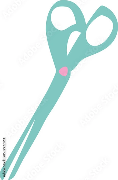 Fototapeta Open scissors floating on transparent backdrop, showing elongated blades and curved teal handles