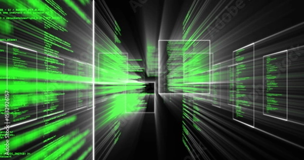 Obraz Streaming green code and floating white wireframes converging in virtual tunnel, central black void