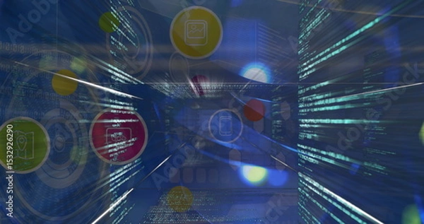 Obraz Streaming digital code tunnel in virtual corridor, with UI rings and floating holographic icons