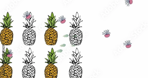 Obraz Displaying stylized pineapple pattern on white canvas with pink pots and green leaves, copy space